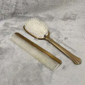 Vintage Vanity Set Hair Brush Hairbrush Comb Ladies Goldtone 'Nylon' Estate Find